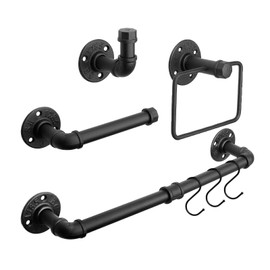 Jeasor 4-Pieces Industrial Pipe Bathroom Towel Ring Kit DIY Wall Mount Accessories Kit Includes Robe Hook Towel Bar and Towel Ring (16 inch)