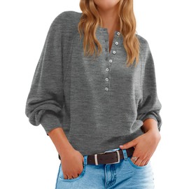 Saodimallsu Womens Button Crew Neck Sweater Fall Long Sleeve Henley Shirts Trendy Loose Knit Pullover Tops Grey