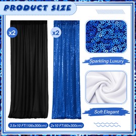 VitalCozy 4 Panels Photo Backdrop Curtains 2 Pcs 4 x 10 ft Sequin Glitter Backdrop Curtains 2 Pcs 7 x 10 ft Chiffon Backdrop Curtains for Christmas New Year Wedding Birthday Party(Black, Royal Blue)