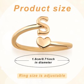 Mikovivi Heart Initial Stackable Rings, Adjustable Pinky Rings Cute Capital Letter Rings Heart Rings Non Tarnish Gold Rings Alphabet Gold Pinky Rings Jewelry Gift for Women