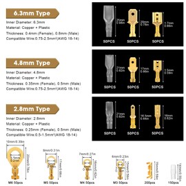Pack of 1000 Cable Lugs Flat Connector Blade Receptacles Set 2.8 mm/4.8 mm/6.3 mm, M3/M4/M5/M6 Ring Terminals, Male Female Cable Connector with Insulation Sleeve Assortment Kit for Electrical