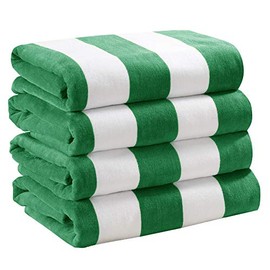 4 Pack Plush Velour 100% Cotton Beach Towels. Cabana Stripe Pool Towels for Adults. (Green, 4 Pack - 30" x 60")