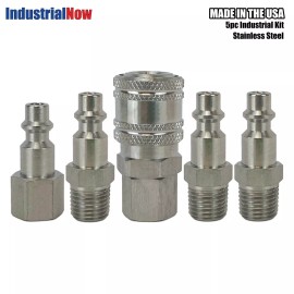 Industrial Now Supply 5-Piece Stainless Steel Industrial Air Hose Kit - 1/4” Manual Couplers & Plugs