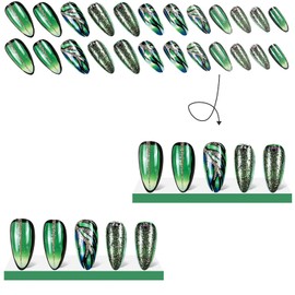 Green French Tip Press on Nails Medium Length Almond Artifical Acrylic Nails 3D Charm Rhinestone Gold Foil Shine Design Fake Nails Full Cover Green Plaid Coffin False Nails Glue on Nails for Women