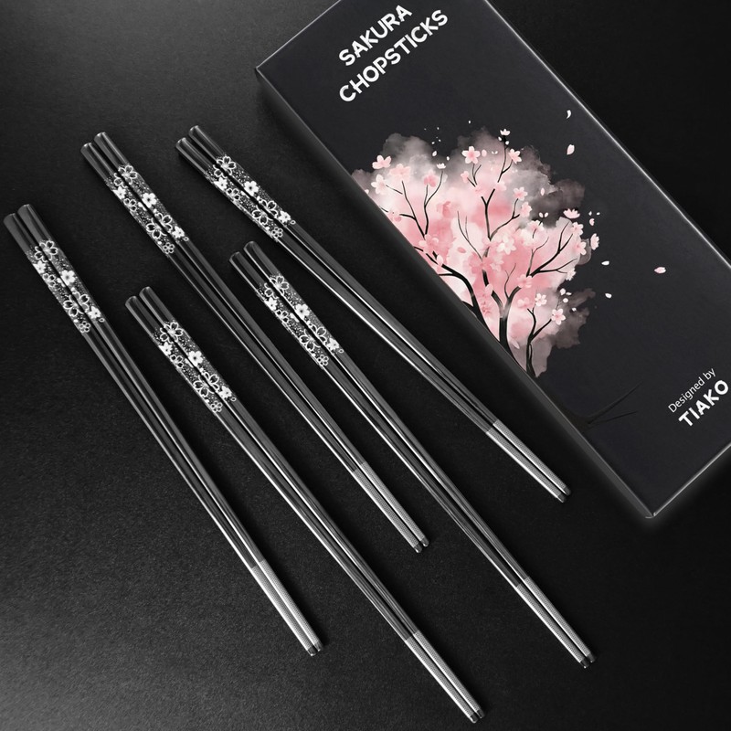 TIAKO Stainless Steel Chopsticks Set, 5 Pairs Japanese Sakura Reusable