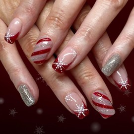 Christmas Press on Nails Glitter Fake Nails Red Silver Glue on Nails with Stripe Design Glossy Full Cover False Nail Artificial Acrylic Nail Snowflakes Stick on Nail for Women Xmas Manicure 24Pcs