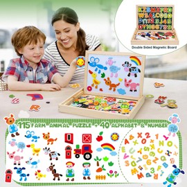 Uping magnetisches Holzpuzzle Staffelei doppelseitige Tafel Holzbrett Doodle 155 Stücke für Kinder ab 3 Jahre Bauernhof