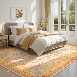 Morebes Washable Floral 8X10 Living Room Area Rug, Soft Vintage Bedroom Rug Non Slip, Stain Resistant Large Carpet for Kids Room Nursery Office Dining Playroom Indoor (Ochre 8'x10')