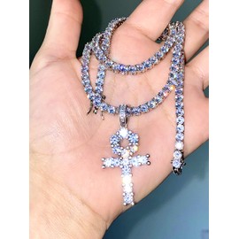 Mens 14k White Gold Finish 4mm Tennis Link Chain Choker Iced Out Ankh Cross Pendant Rappers Necklace Iced Prong Set Tennis Chain for Men, tennis ladies Chain Choker Jesus Necklace 16"-24" (20)