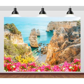 Loccor 9x6ft Fabric Summer Beach Cliffs Backdrop Portugal Marinha Beach Mountain Cliffs Blooming Flowers Blue Ocean Coast Scenery Backdrop Party Decorations Photo Studio Props