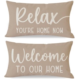 PANDICORN Decorative Throw Pillow Covers 12x20 Inch Set of 2 Cozy Relax Welcome to Our Home Beige Outdoor Farmhouse Neutral Lumbar Cushion Cases Decorations for Living Room Sofa Couch Decor