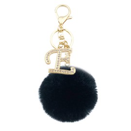 Xsclpomddy Pom Pom Keychain Artificial Fur Ball Black with Rhinestone Alphabet Letter Keychains for Women Girls,E