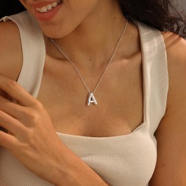 Ewrkbr Bubble Letter Necklace Silver, Chunky Silver Initial Necklace Dainty Long Silver Pendant Necklace Cute Everyday Letter Necklace Trendy Silver Jewelry for Women