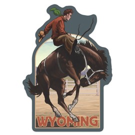 Die Cut Sticker Wyoming, Cowboy and Bronco Scene, Contour Vinyl Sticker 3 to 6 inches, (Waterproof Decal for Cars, Water Bottles, Laptops, Coolers), Large