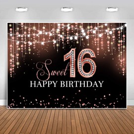 Sensfun Sweet 16 Birthday Party Backdrop Rose Gold Shiny Glitter Dots Diamond Princess Sweet Sixteen Photography Background for Girls Happy 16th Birthday Decorations Banner Photo Booth Backdrops 7x5ft
