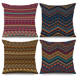 ASDCXZ Boho Cushion Cover 40 x 40 cm Set of 4 Retro Boho Geometric Stripes Colourful Sofa Cushion Cover Decorative Cushion Covers Washable Polyester Flax Textile Outdoor Cushion Cover