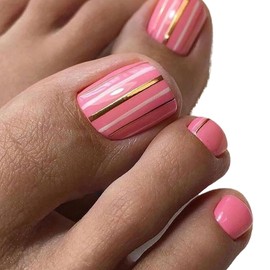 Vezocim Press on Toenails with Gold White Line Designs, 24Pcs Pink Artificial Short Fake Toenails, Glossy Full Cover Acrylic False Nails for Toe, Glue Toenails with Charm for Women