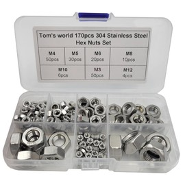 170Pcs M3 M4 M5 M6 M8 M10 M12 Hex Nut Assortment Set Stainless Steel 304(18-8) Metric Hexagon Nut, Bright Finish, Full Thread (HEX NUT KIT)
