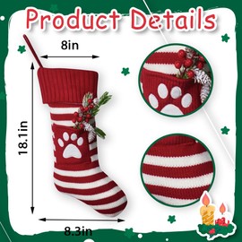 Anshome Large Christmas Stockings, Knitted Xmas Stockings Fireplace Hanging Xmas Stockings Decoration Red Stripe Paw Knitted Hanging Stockings Ornaments for Family Holiday Season Decor
