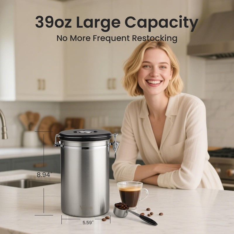Veken Coffee Canister, 39OZ Large, Airtight Stainless Steel Food Storage