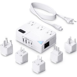 WAUDM Universal 100V-220V Travel Converter，250W Voltage Converter with 2 USB and 2 USB-C Charging Ports and 3 AC Plugs for curlers, straighteners, Included Plugs are Type A, C, D, G, I, L