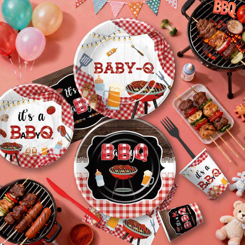 FVABO Baby Q Baby Shower Decorations, Red Gingham BBQ Baby