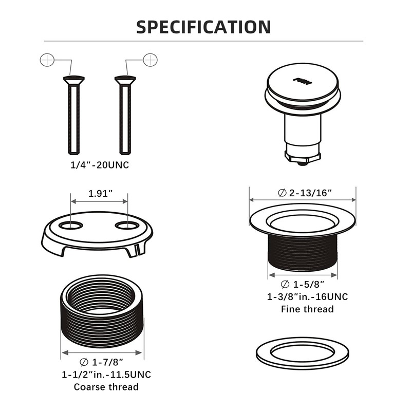 All Metal Tip-Toe Bathtub Drain Kit with Two-Hole Overflow Faceplate