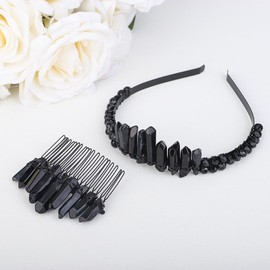 Teyglen Raw Crystal Quartz Headband and Hair Comb Mermaid Rhinestone Hair Band Handmade Natural Stone Headpiece Hair Accessories for Women Girl Wedding Party (Black)