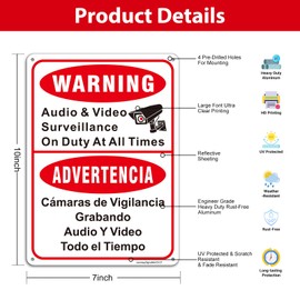 2 Pack Video Surveillance Sign, Camera on Duty at All Times Bilingual Sign, 10"x7" English Spanish Surveillance by Video Camera Aluminum Signs, Weather & Fade Resistant, UV Protected, Easy Mounting