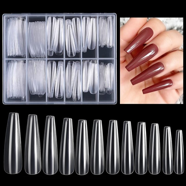AddFavor 240pcs Coffin Acrylic Nail Tips XXL Ballerina Extra Long Artificial Fake Nails Clear Full Cover False Nails 12 Sizes for Women and Girls Nail Design