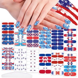 WOKOTO 12 Sheets 168 Pieces 4th of July Nail Stickers Full Nail Wraps for Women Independence Day Gel Nail Strips American Flag Stars Blue Red Nail Gel Wraps for Women Stick On Nails Polish Strips