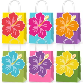 ALOVYY 24 Pcs Hibiscus Party Favor Gift Bags Hawaiian Themed Paper Bag with Handles Summer Tropical Gift Tiki Luau Treat Goodie Bags Kids Birthday Party Supplies
