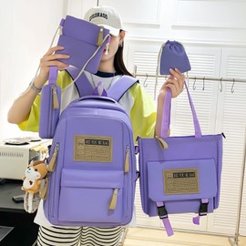 WEGUZIX Kawaii Canvas Backpack Set - 5 Pieces Student Pack with Cute Squirrel Accessories, Ideal Schoolbag for Teen Girls, Essential Back to School Gear, B Purple