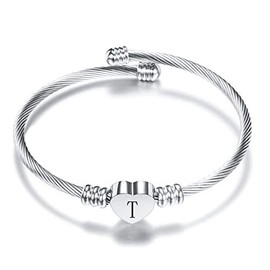 MiiFort Women's Initial Name Silver Cuff Bangle Letter T Bracelet Love Heart Stainless Steel Family Sister Daughter Granddaughter Birthday