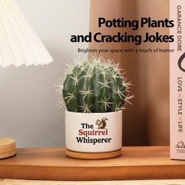 The Squirrel Whisperer Ceramic Succulent Plant Pot with Bamboo Tray Squirrel Lover Gifts for Women Men Fall Gifts Home Office Decor Plant Lover 3.5 Inch White