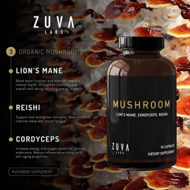 Nootrópico Cápsulas Zuva Mushroom Melena de León  Lions Mane Organic Supplement, 90 Caps                                                              