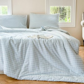 NSNLGSGC Light Blue Gingham Cotton Comforter Set Queen, 100% Washed Cotton Blue Plaid Checked Comforter Bedding, 3 Pieces Vintage Farmhouse Grid Bedding Set(Light Blue Gingham, Queen)
