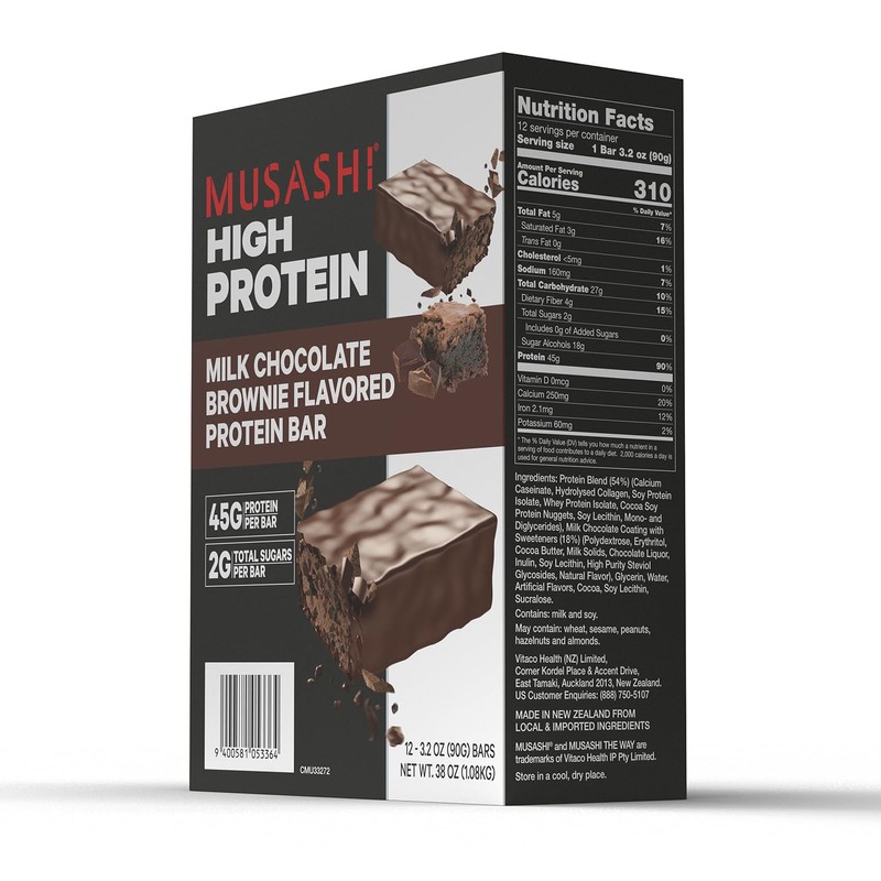MUSASHI High Protein Bar, 45g Protein, 2g Total Sugars, Milk