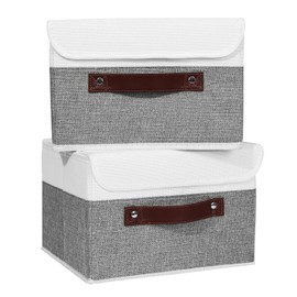 ANMINY 2PCS Storage Boxes with Lid Washable Decorative Storage Bins Basket with PU Leather Handle Foldable Linen Fabric Storage Cubes Containers for Home Closet Organizer - Gray White, Small Size