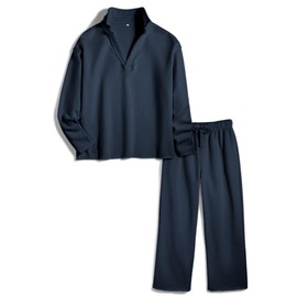 SeeLuNa Lounge Sets for Women 2 Piece Outfits Long Sleeve V Neck Pullover Sweatshirts Wide Leg Pants Travel Tracksuit Set(Navy,XS)