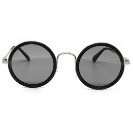 O2 Eyewear 81296 Premium Vintage Classic Nerd Hippie Retro Round Circle Womens Mens Tinted Sunglasses (SILVER/BLACK, 54)