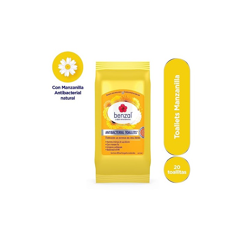 Benzal Toallets, Toallitas Humedas Íntimas, Manzanilla, Antibacterial, Paquete De 20