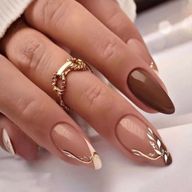 Medium Almond Press on Nails French Tip Fake Nails Gold Line Stripe False Nails with Designs Leaf Glitter Glue on Nails Glossy Acrylic Nails Nude Stick on Nails for Women Girls Manicure Art 24 Pcs