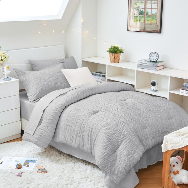 HYMOKEGE HYMOKEGE Light Grey Twin XL Comforter Set Seersucker 5
