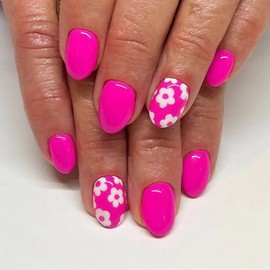 Hot Pink Press on Nails Short Almond White Flower False Nails with Designs Full Cover Cute Fake Nails Glossy Glue on Nails Acrylic Nails Handmade Manicure Artificial Nails for Women Girls 24Pcs