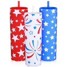 Honeydak 3 Pcs 4th of July Tumbler Patriotic Tumbler, 16 oz Red White Blue Cup Plastic Star American Flag Mug with Lid Straw Gifts for July 4th Independence Day Flag Day Veterans Labor USA Party Favor