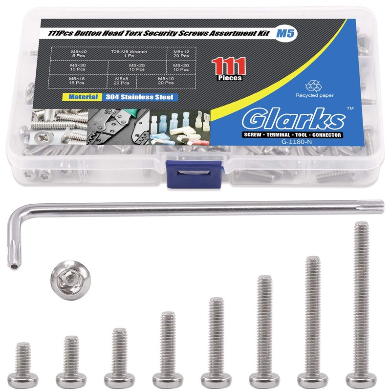 Glarks 111Pcs M5 x 8mm 10mm 12mm 16mm 20mm 25mm