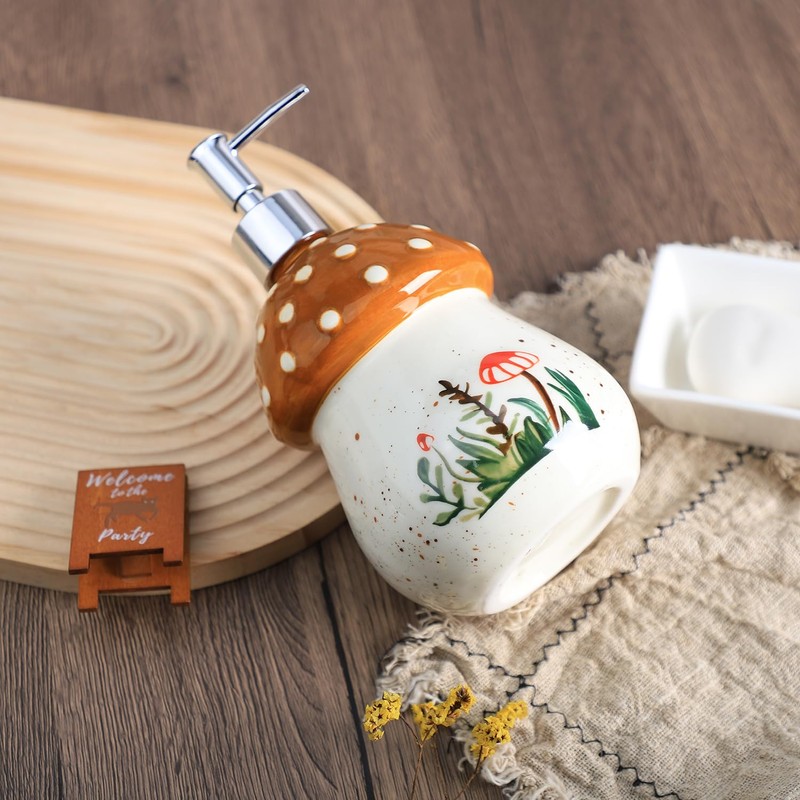Bicuzat Ceramic Mushroom Shaped Soap Dispenser with Plastic Pump, Liquid