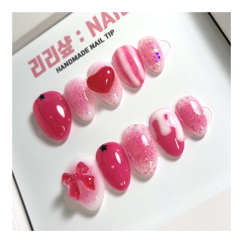 Molang Molang Strawberry Syrup Homemade Nail Tips - Short Ballerina