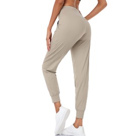 Oalka Women's Joggers High Waist Yoga Pockets Sweatpants Sport Workout Pants Khaki Brown M